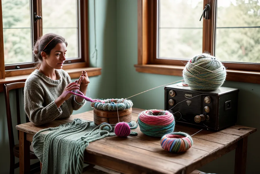 Reinigen und Sortieren von Strickmaschinennadeln auf einem hellen Tuch