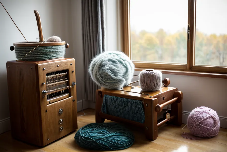 Verhedderter Wollsalat und Knoten auf den Nadeln einer alten Strickmaschine.