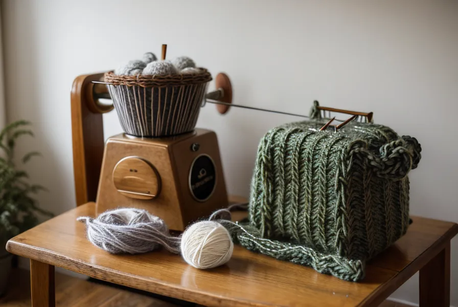 Detailaufnahme: Wolle wird in die Fadenspannungseinheit einer Brother Strickmaschine eingefädelt.