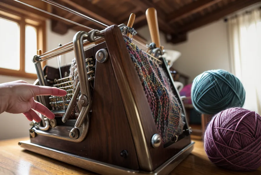 Detailaufnahme des Spannmasts einer Strickmaschine mit eingefädeltem Garn.