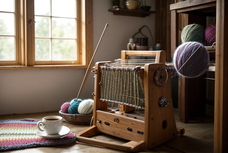 Detailaufnahme der Nadeln einer Brother Strickmaschine mit eingefädeltem Garn.
