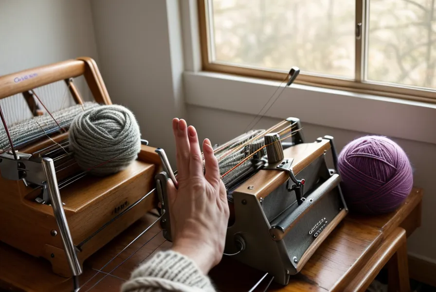 Eine perfekt gestrickte Maschenprobe mit Muster an der Strickmaschine.