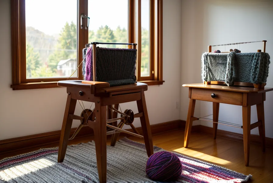 Nahaufnahme von Fadensalat und Wollknoten an den Nadeln der Strickmaschine.