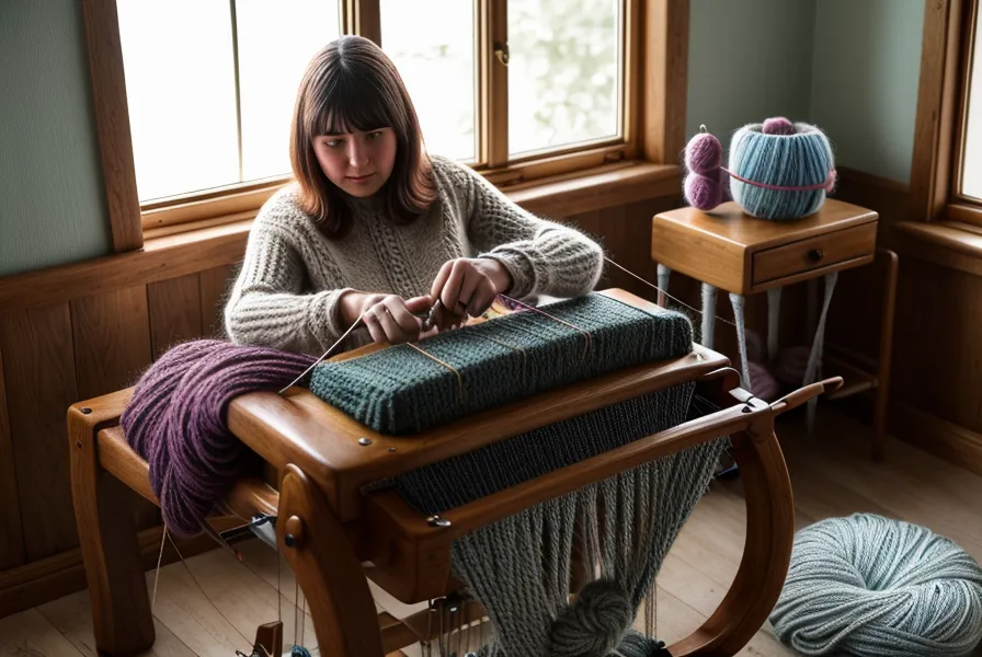 Sauber gestrickter Rundhalsausschnitt aus hellblauer Wolle, gearbeitet mit der Brother Strickmaschine