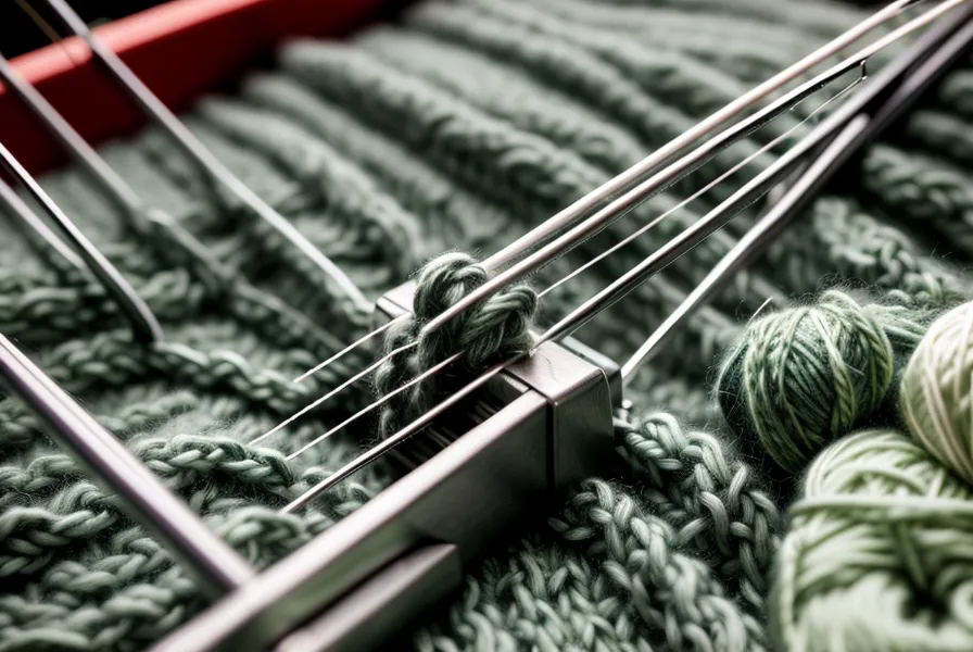 Nahaufnahme der Nadeln einer Strickmaschine mit einem angehängten Krallengewicht am Rand.