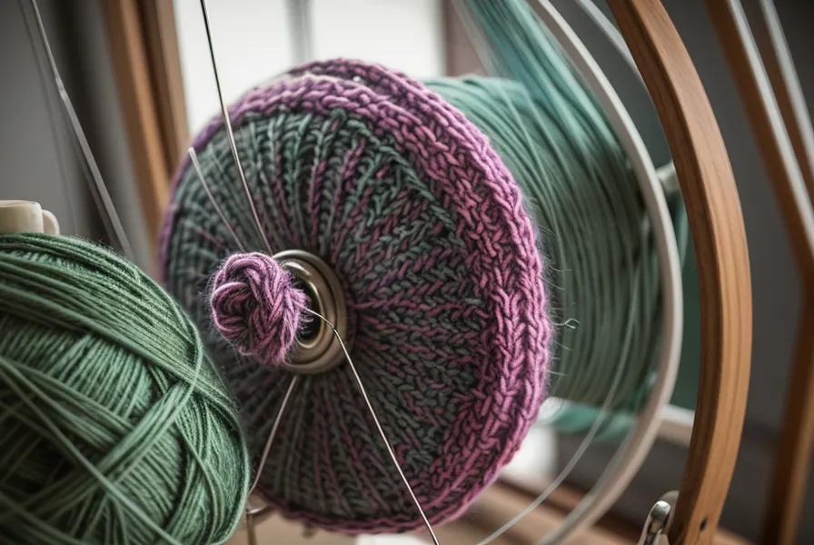Die Fadenspannungseinheit einer Strickmaschine mit eingefädeltem Garn unter Spannung.