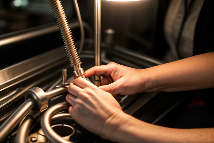 Hände schieben die Randnadel der Strickmaschine manuell in die E-Position.