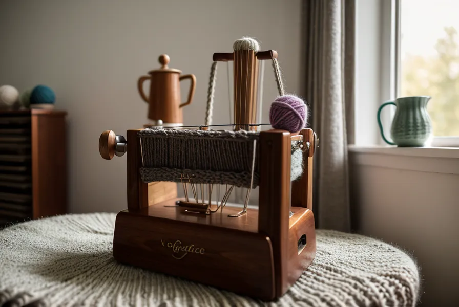 Nahaufnahme des Strickmaschinenschlittens beim Einfädeln von blauem Garn.