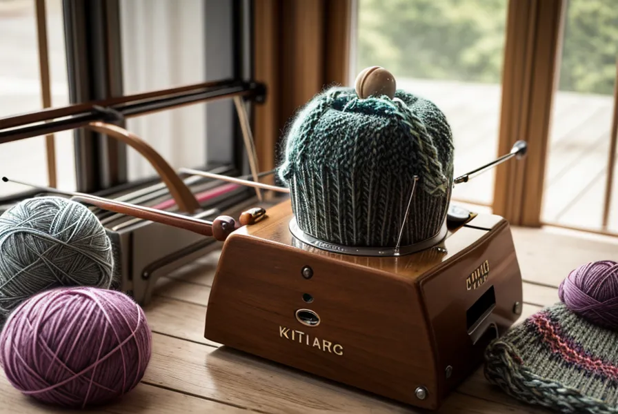 Die Fadenspannungseinheit der Brother Strickmaschine mit gelbem und blauem Faden.