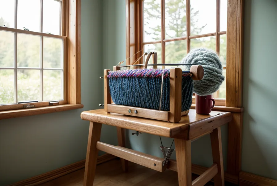 Ein fertig gestrickter Schal mit blau-gelben Streifen auf einem Tisch.