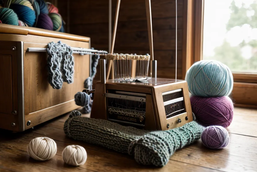 Verhedderte Wolle auf dem Boden neben der Strickmaschine.
