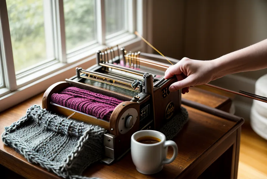 Laptop mit Online-Kurs neben der Strickmaschine und ein handgeschriebenes Lerntagebuch.