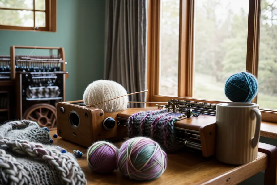 Krallengewichte hängen an einem blauen Strickstück an der Strickmaschine