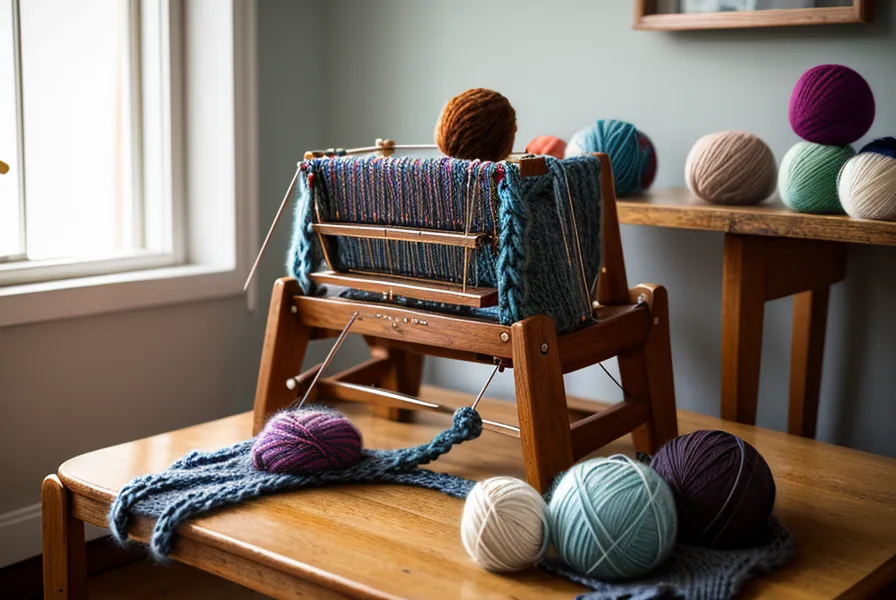 Nahaufnahme der Nadeln einer Brother Strickmaschine mit zu dicker Wolle.